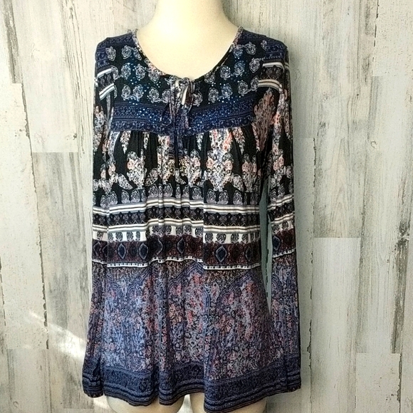 ONE WORLD Blue Boho Peasant Top Large